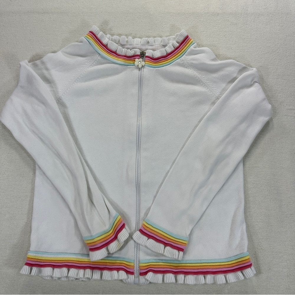Gymboree White Cotton Girls Zip Up Light Sweater with Rainbow Detailing Sz12